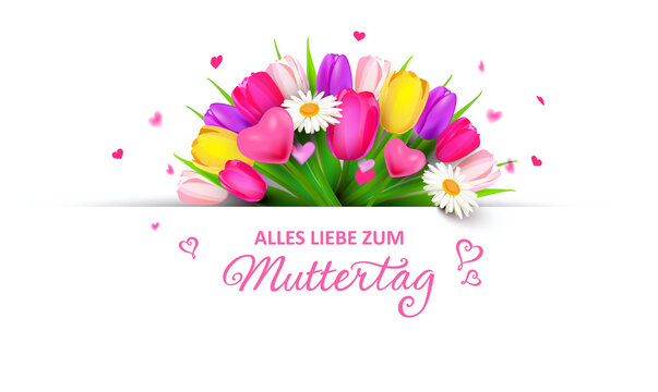 Alles Liebe zum Muttertag - Grußkarte mit buntem Tulpen Bouquet, Herz Dekor und Herz Konfetti