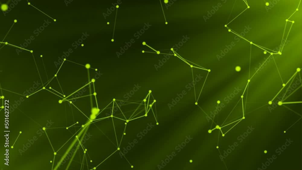 Poster plexus of abstract neon geometrical lines with moving triangles and dots. motion. 3d colorful scient