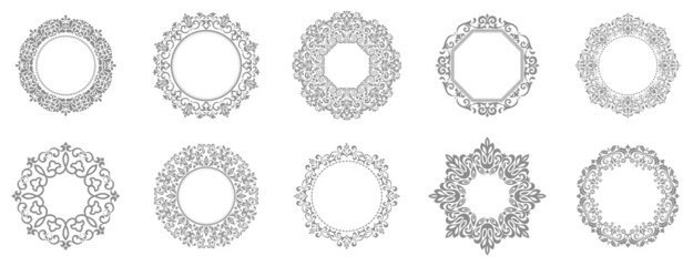 Set of decorative frames Elegant vector element for design in Eastern style, place for text. Floral gray and white borders. Lace illustration for invitations and greeting cards