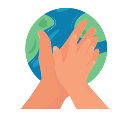 Child protection. Child’s hand touching man’s hand. Hands together.  Planet Earth. Vector illustration