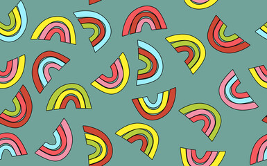 Obraz premium Trendy seamless pattern with colorful rainbow on color background. Design for invitation, poster, card, fabric, textile, fabric. Cute holiday illustration for baby. Scandinavian doodle style