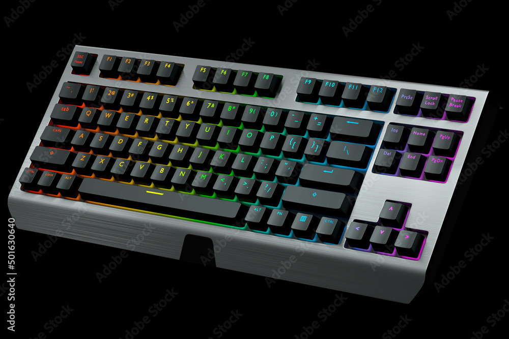 Poster black computer keyboard with rgb colors isolated on black background.