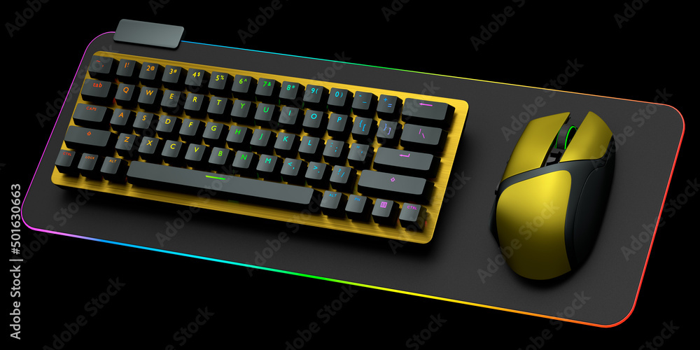 Poster computer keyboard and mouse on professional pad isolated on black background.