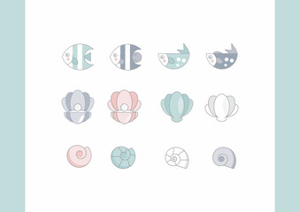Underwater world cartoon icons set. Cute tropical fish and shell 