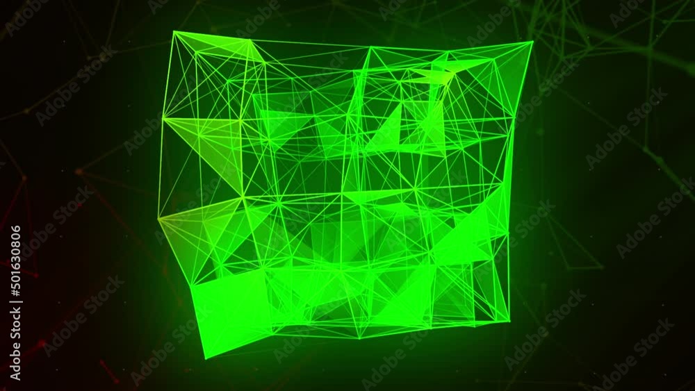 Poster linear construction in geometric cube. motion. colorful lines are assembled into cube in 3d projecti