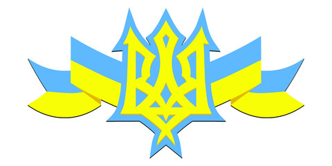 Coat of arms of Ukraine. Trident of Ukraine. Ukrainian national emblem in yellow and blue colors. T-shirt print illustration isolated on white background. Vector EPS 10. - obrazy, fototapety, plakaty