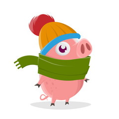 funny illustration of a cartoon pig with wool hat and scarf