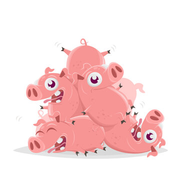 funny cartoon illustration of a heap of pigs