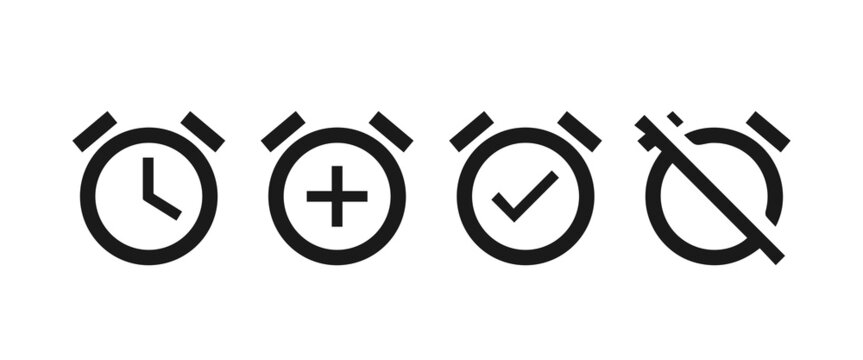 Alarm clock or stopwatch icons set. Set or turn off the alarm. Vector illustration EPS10