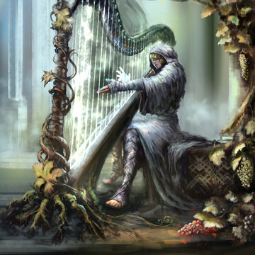 A musician in a robe and with a mask on his face plays music near a vineyard on a magic harp. Digital drawing style, 2D illustration