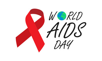 1 December World aids day concept design. Red ribbon with text World AIDS Day and planet Earth. Vector EPS10