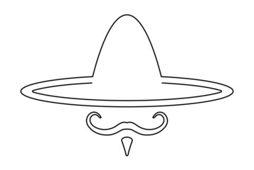 Creative sombrero character with big mexican hat, moustache isolated on white. Vintage mexican character vector on white background. 