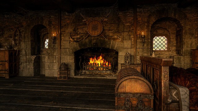 Bedroom with open fireplace in an old medieval inn or house. 3D rendering.