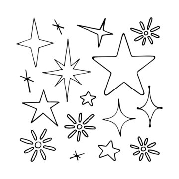 Set of stars line art. Cosmic light bodies. Shining star. Heaven constellation. Hand drawn vector doodle illustration. Black and white sketch. Simple outline element.