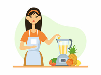 A young cute woman - a housewife makes a drink, a smoothie in a blender from different types of fruits. Vector