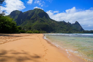 Gorgeous Tunnels Beach along the Kuhio Highway on the north shore of Kauai island in Hawaii -...