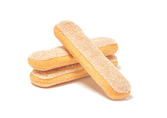 Ladyfingers or savoiardi biscuit, italian desserts and sponge cookies, isolated on white background