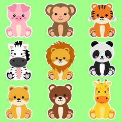 Cute wild animals set including lion, tiger, pig, bear, lioness, panda, monkey, zebra, and giraffe. Safari jungle animals vector. Woodland animal illustration