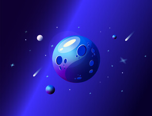 Blue planet in space with meteorites and stars.