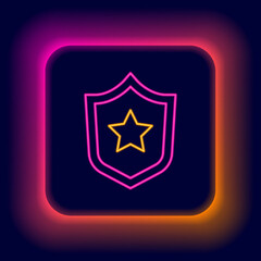 Glowing neon line Police badge icon isolated on black background. Sheriff badge sign. Shield with star symbol. Colorful outline concept. Vector