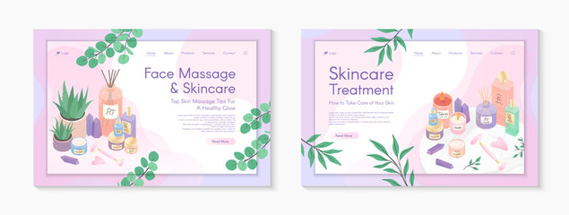 Obraz premium Web page design templates for skin care treatment,face massage tutorial,spa,wellness,natural products,cosmetics,self care.Vector illustration concepts for website, mobile website.Landing page layouts.
