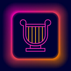 Glowing neon line Ancient Greek lyre icon isolated on black background. Classical music instrument, orhestra string acoustic element. Colorful outline concept. Vector