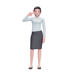 young woman posing peace finger on cheek, 3D business woman character illustration