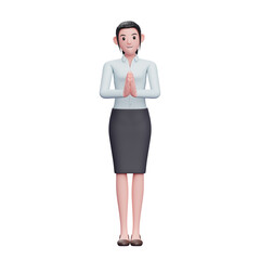 young girl with namaste gesture wear blue shirt and black skirt, 3D render business woman character illustration