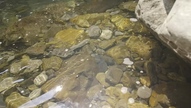 Close up of transparent water surface with glowing sun flares. Creative. River witn stones at the bottom.