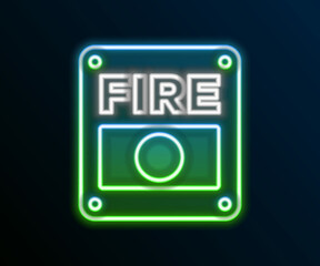 Glowing neon line Fire alarm system icon isolated on black background. Pull danger fire safety box. Colorful outline concept. Vector
