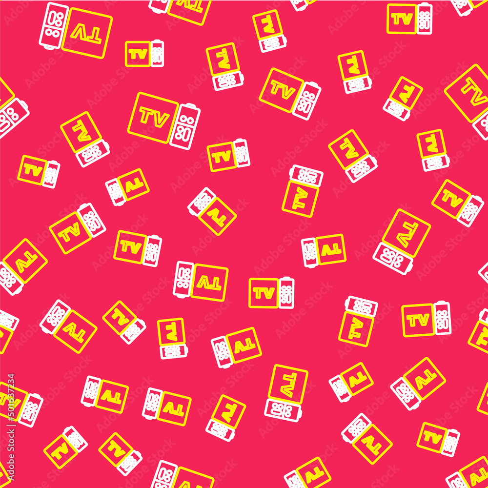 Poster Line Multimedia and TV box receiver and player with remote controller icon isolated seamless pattern on red background. Vector