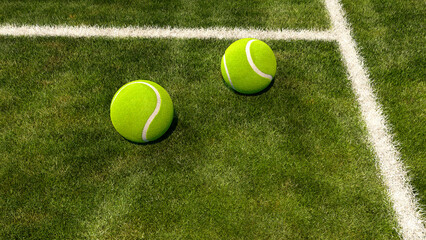 Tennis court and tennis balls on grass near service lines