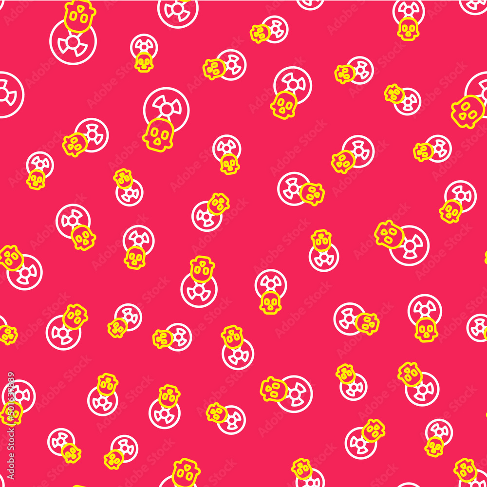 Poster Line Radioactive icon isolated seamless pattern on red background. Radioactive toxic symbol. Radiation hazard sign. Vector