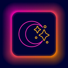 Glowing neon line Moon and stars icon isolated on black background. Cloudy night sign. Sleep dreams symbol. Full moon. Night or bed time sign. Colorful outline concept. Vector