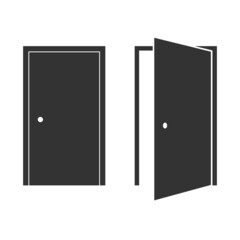 Two black icons doors, open and closed on a white background.