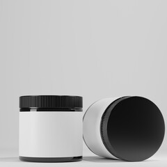 two black jars with blank label 3d render