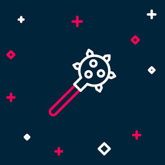 Line Medieval chained mace ball icon isolated on blue background. Morgenstern medieval weapon or mace with spikes. Colorful outline concept. Vector