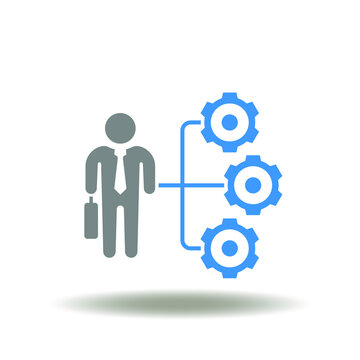 Vector illustration of businessman and flowchart with gears. Icon of roles and responsibilities. Symbol of employee with professional role, responsibility, motivation.