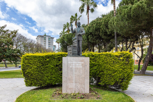 Huelva, Spain - April 24, 2022: Monument to Paco Toronjo on Andaluc&iacute;a avenue in Huelva, with the text Huelva pays homage to Paco Toronjo King of Fandango
