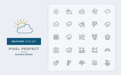 Weather icons set. Collection of outline symbols. Editable vector stroke. 128x128 Perfect Pixels.