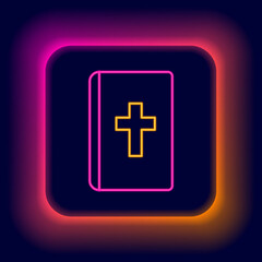 Fototapeta premium Glowing neon line Holy bible book icon isolated on black background. Colorful outline concept. Vector