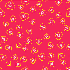 Line Christian cross in heart icon isolated seamless pattern on red background. Happy Easter. Vector