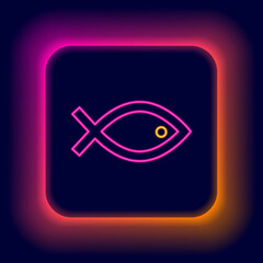 Naklejka premium Glowing neon line Christian fish symbol icon isolated on black background. Jesus fish symbol. Colorful outline concept. Vector