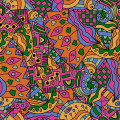 Cute abstract doodle artistic sketch seamless pattern. Background with crazy messy doodle art with different shapes, curls. Fantasy texture, textile, wrap, fabric.