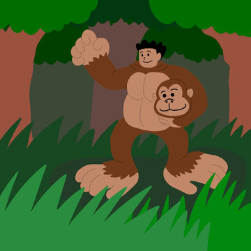 Man Is Wearing A Gorilla Costume In The Forest, Concept Illustration Image