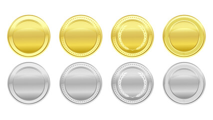 Gold and silver coins collection. Medals logo set. Shiny round awards. Luxury blank frames, decoration emblems. Isolated abstract graphic design template