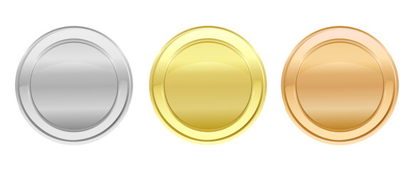 Medals logo collection. Set of shiny round awards or coins in gold, silver and bronze metallic colors. Luxury frames, decoration emblems. Isolated abstract graphic design template