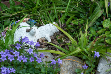 Cántaro con flores pintado a mano en jardín de decoración