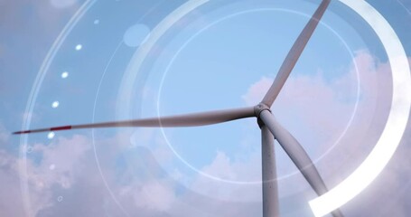 Futuristic technology 3d hud design graphics animation with wind turbine windmill on sky bg. Tech visualization with circles of collective green renewable clean energy. Motion graphic sci-fi data vis - Powered by Adobe