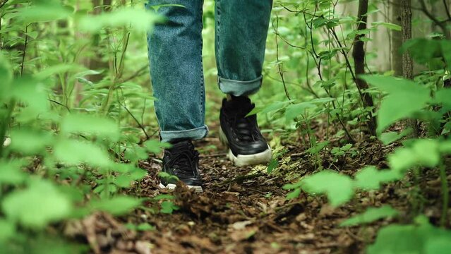 A girl in black sneakers walks along a path through thickets of grass and trees. Shooting e from the bottom of her legs